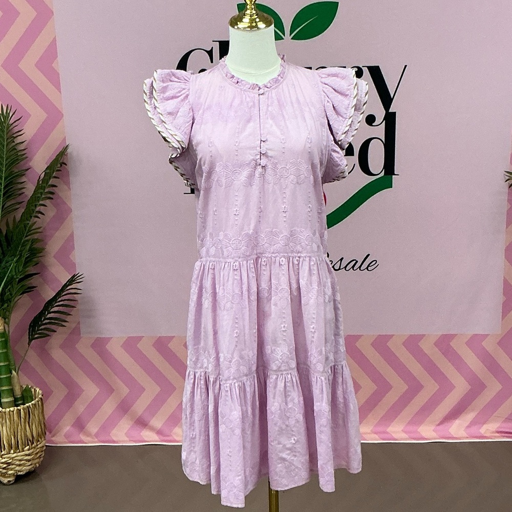Romika Lilac Eyelet Tiered Midi Dress with Ruffle Sleeves